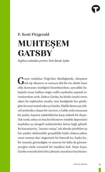 Muhteşem Gatsby - Francis Scott Key Fitzgerald kitap kapağı